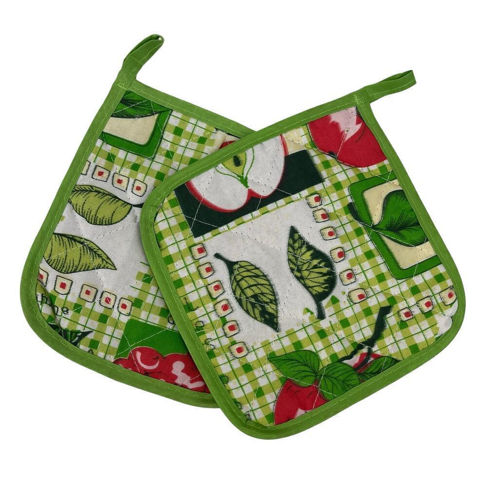 Vintage Pot Holders Apple‎ Gingham Picnic Green Set of 2 Kitchen Baking